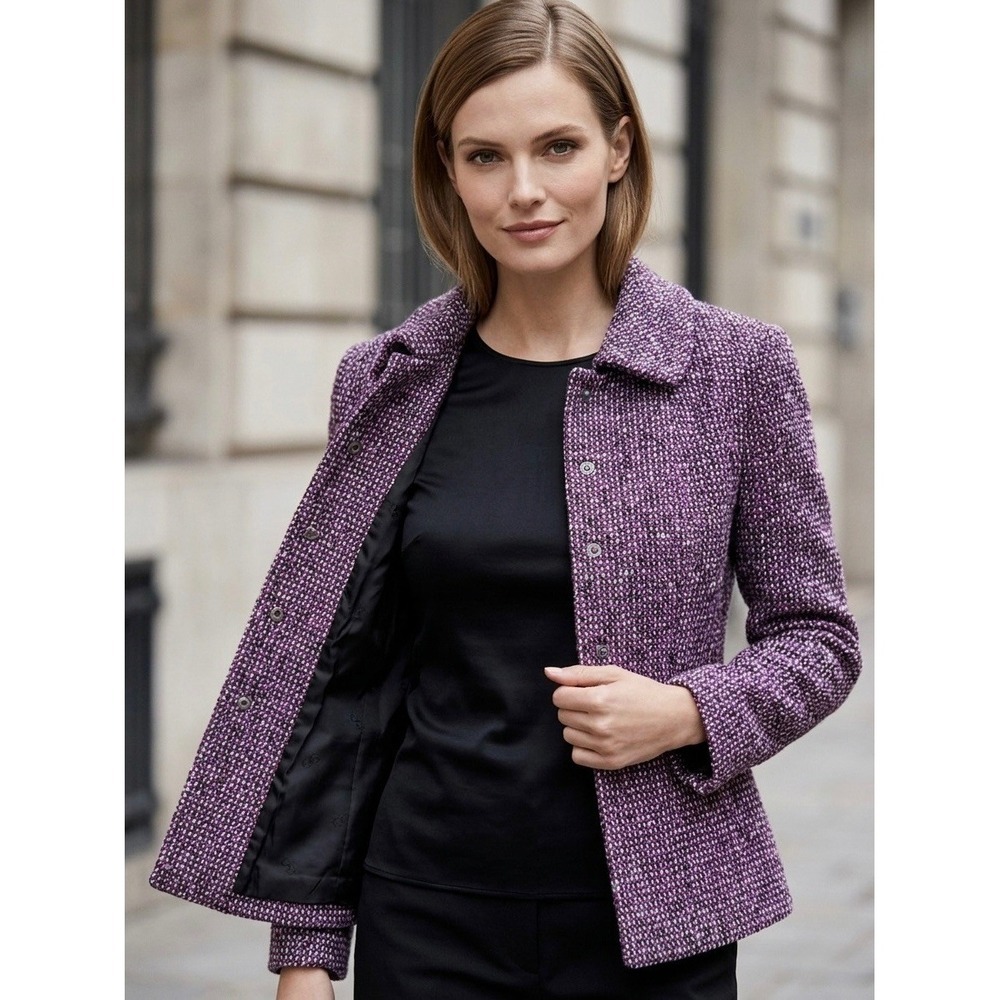 Escada Piacenza Purple Tweed Wool Rabbit Cashgora Jacket Blazer Size 34 EU 4 US